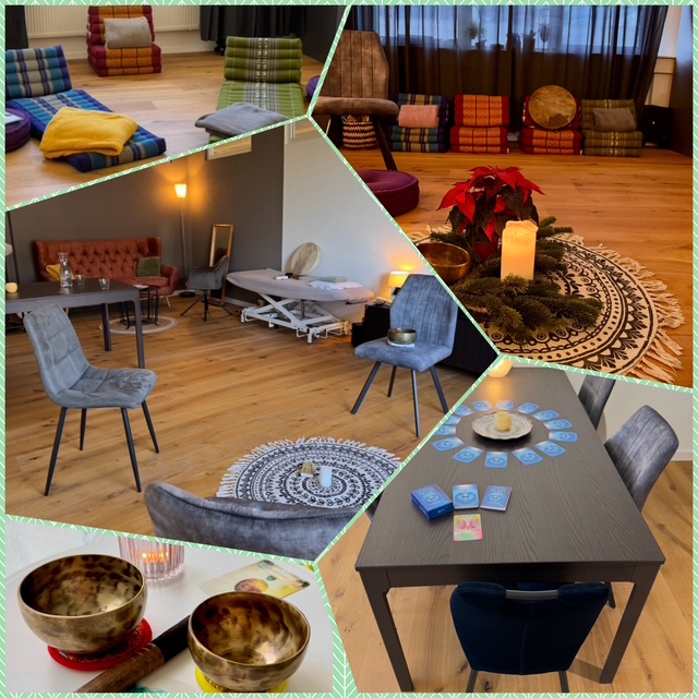 Collage eines ruhigen Kursraums mit Meditationskissen, Stühlen, Kerzen, Klangschalen, Massagebank und einem Tisch mit Karten in warmer, entspannender Atmosphäre.